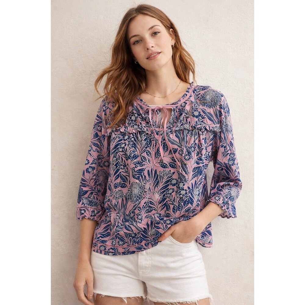 Abigail Borg J.Crew Floral Cotton Silk Boho Peasant Blouse S Cottagecore Light
